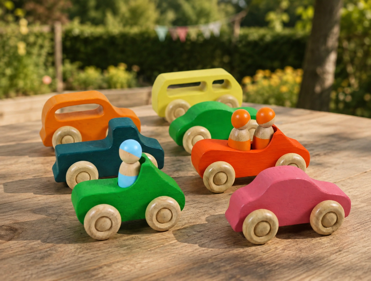 Rainbow Wooden Vehicle & Peg People Set – 10 Pieces