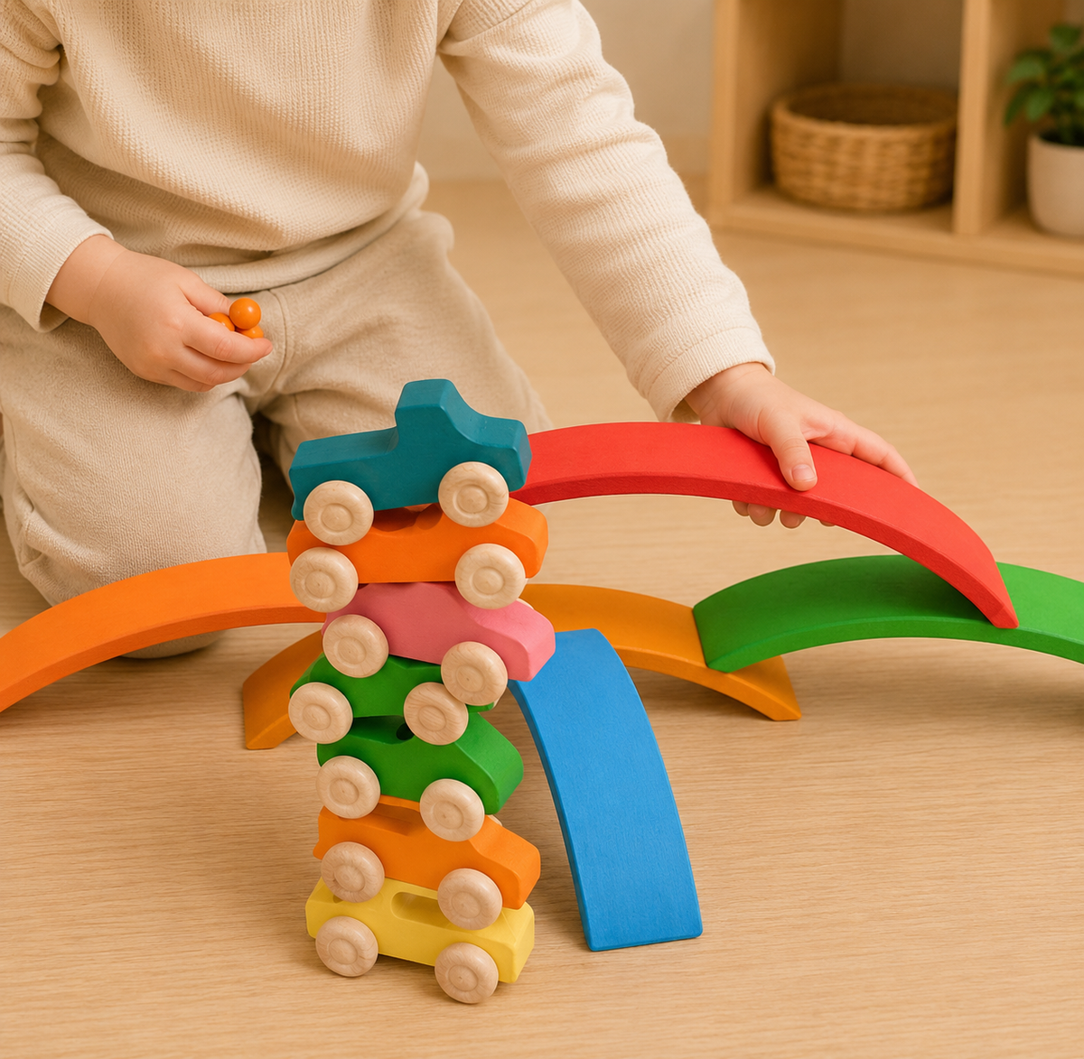 Rainbow Wooden Vehicle & Peg People Set – 10 Pieces