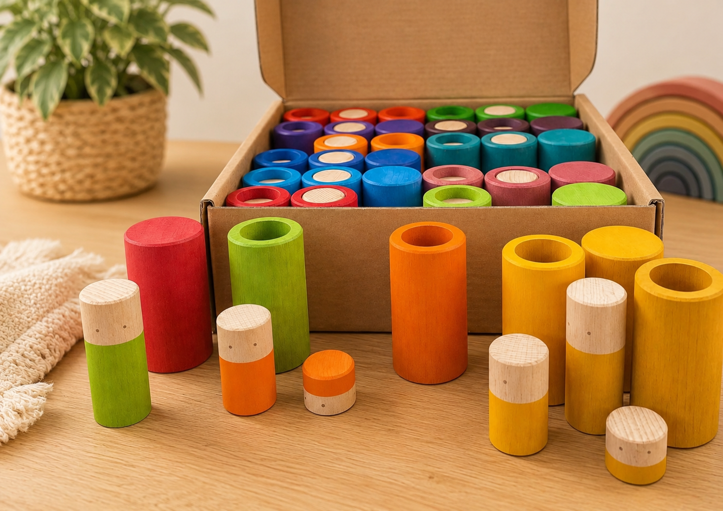 Rainbow Stacking Cylinders – 72pc Wooden Loose Parts Set