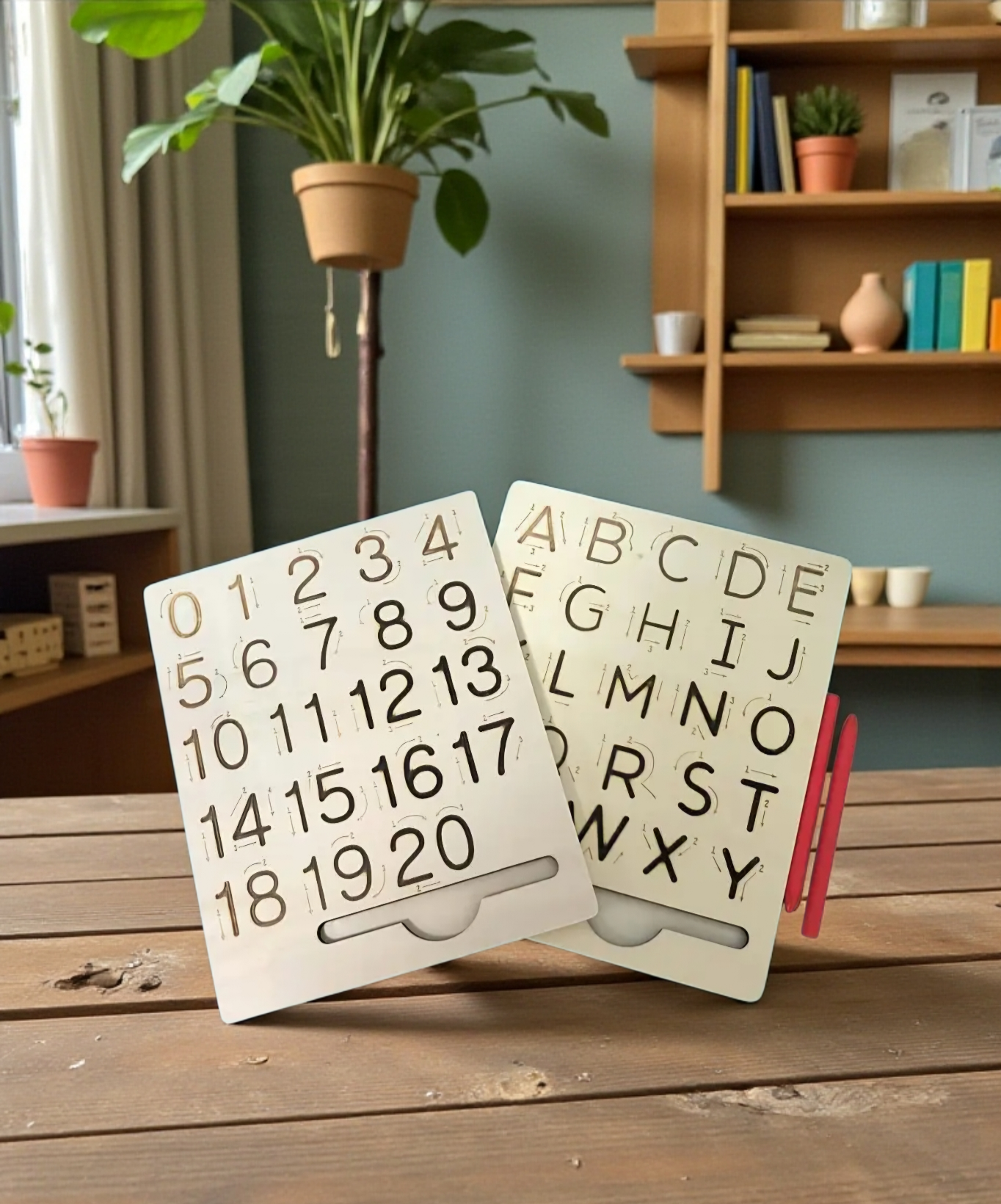 Wooden Tracing Board.- Double-Sided Montessori Handwriting Practice Upper/Lower Alphabet, Numbers, Shapes