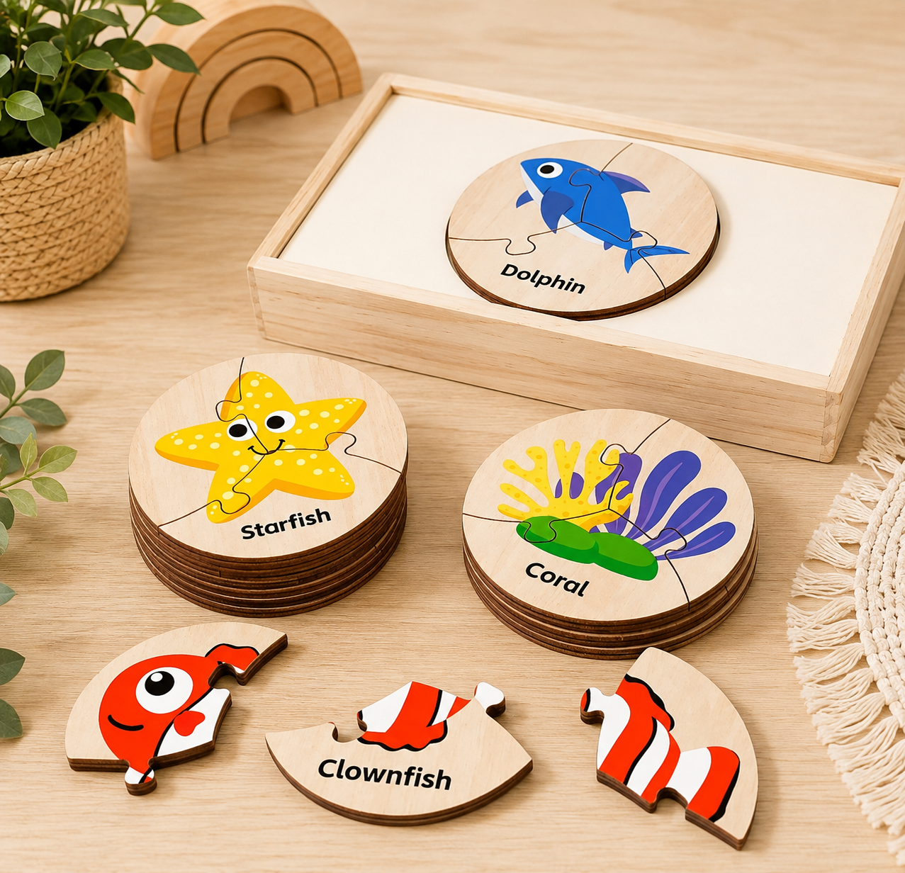 Wooden Ocean Animal Puzzle Set – 12 Sea Life Matching Puzzles