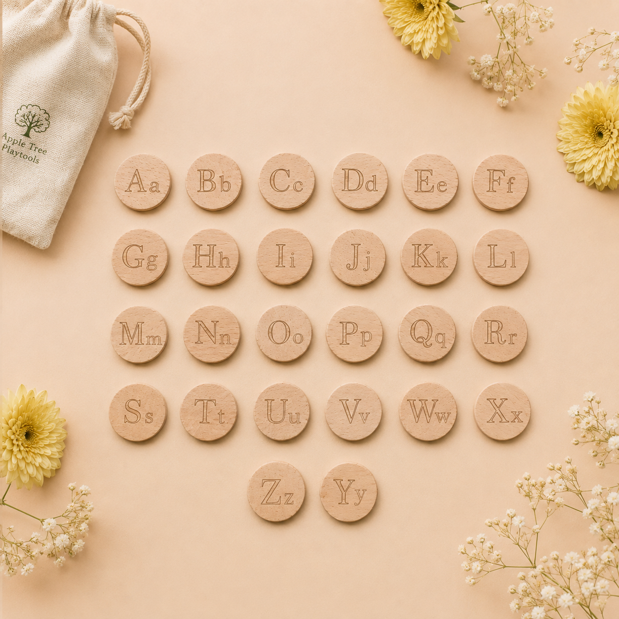 Wooden Alphabet & Picture Learning Coins — 26 Piece Set