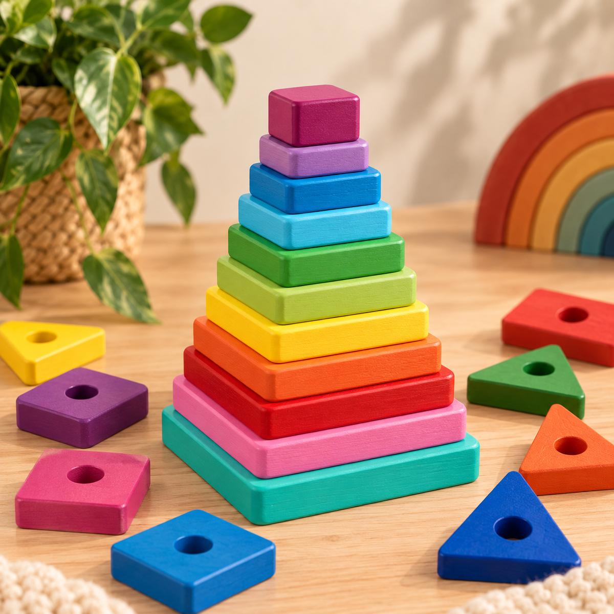 Rainbow Wooden Stacking Tower – Circle or Square