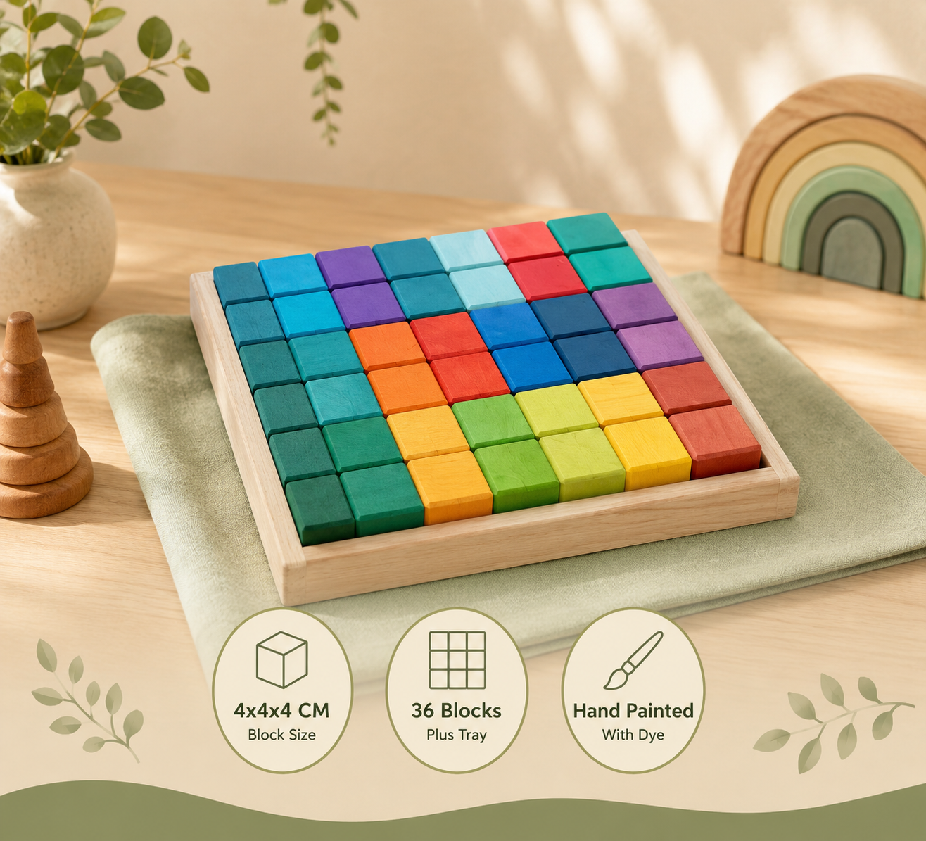 Rainbow Mosaic Building Blocks – 36 Pieces + Wooden Tray