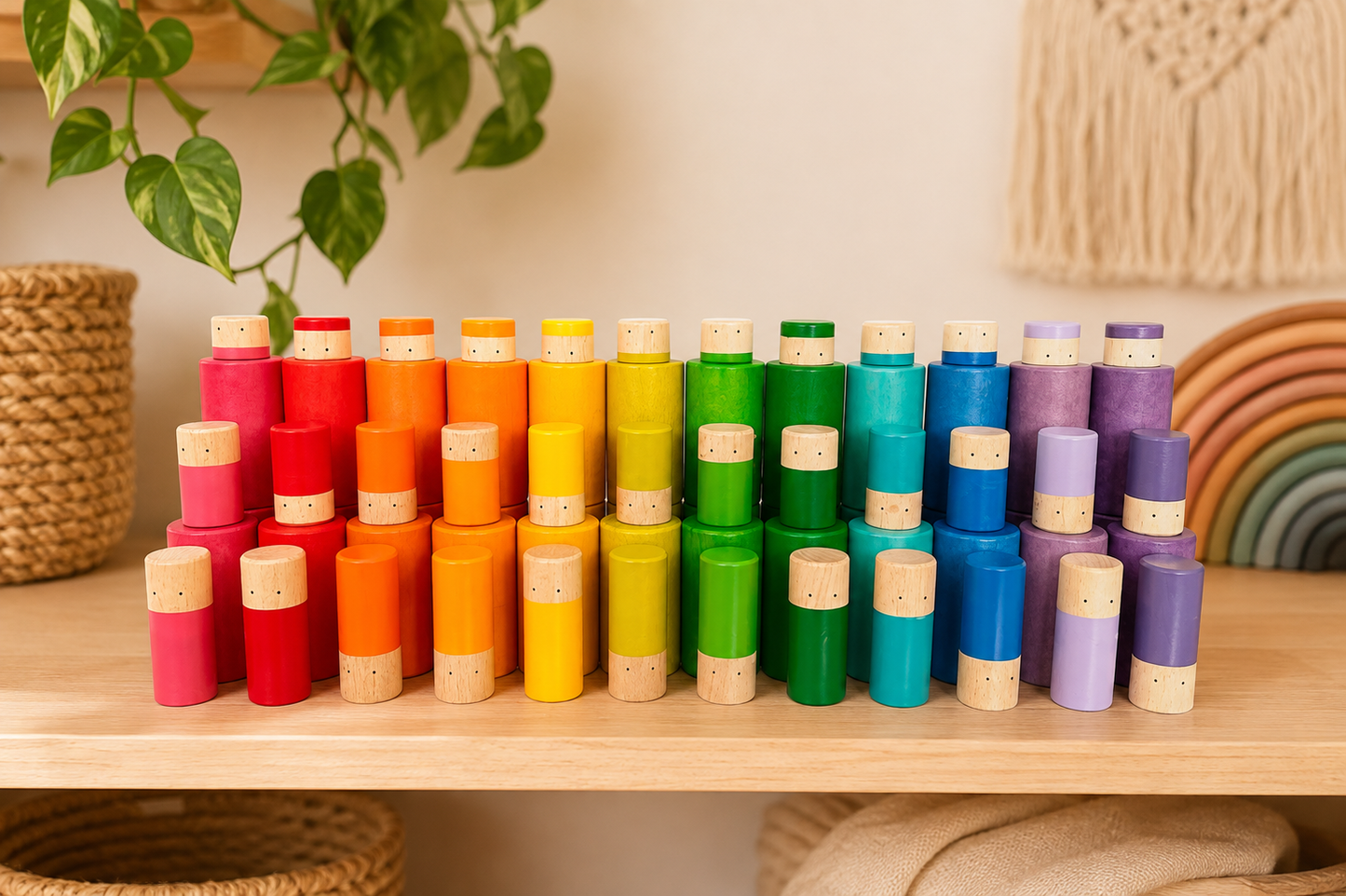 Rainbow Stacking Cylinders – 72pc Wooden Loose Parts Set
