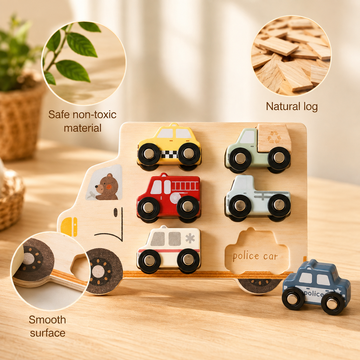 🚚 Wooden Vehicle Puzzle & Play Set

A puzzle and play set all in one! Includes 6 chunky wooden vehicles!