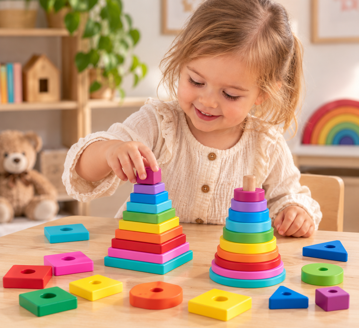 Rainbow Wooden Stacking Tower – Circle or Square