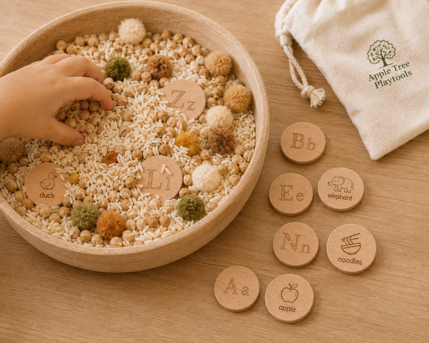 Wooden Alphabet & Picture Learning Coins — 26 Piece Set