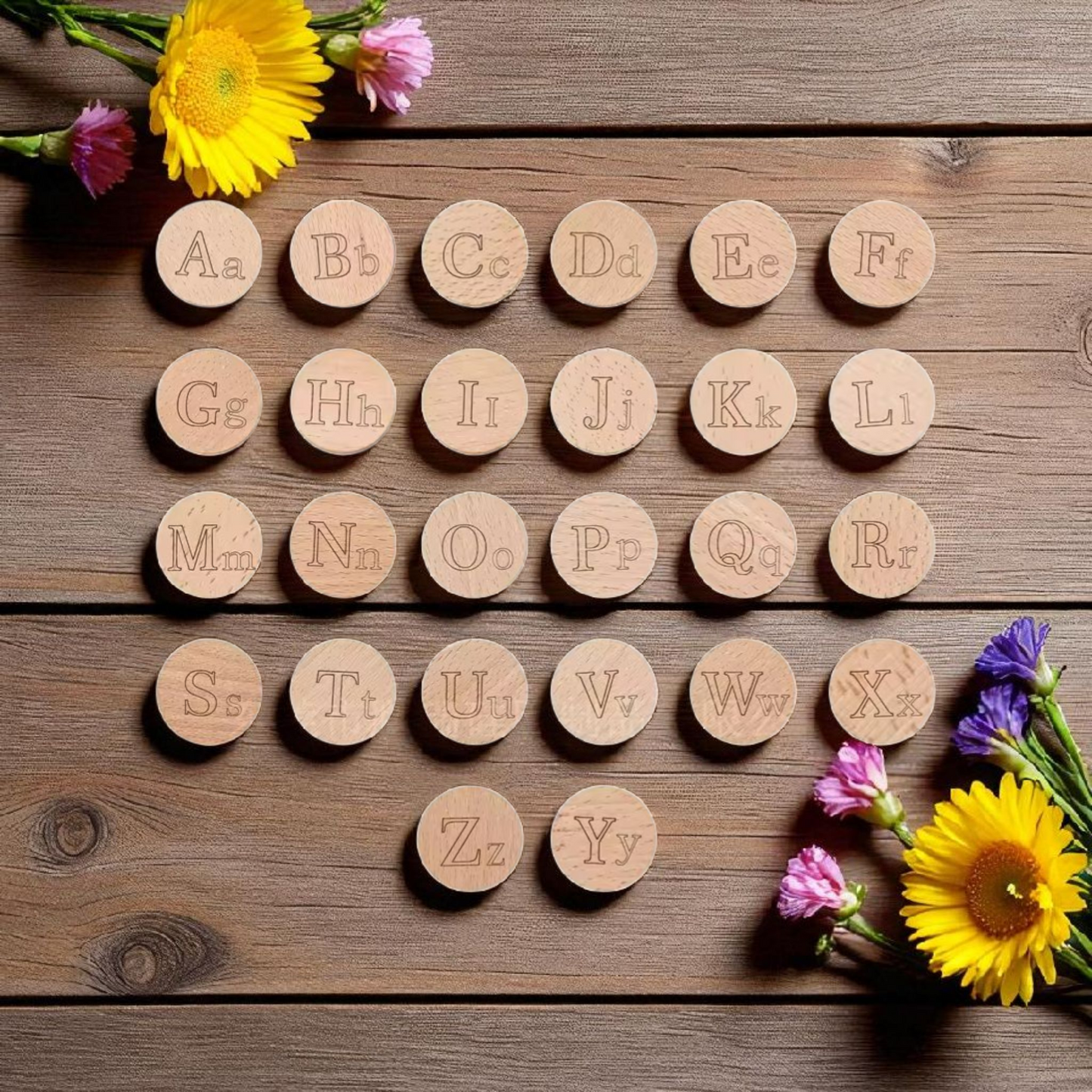 Wooden Alphabet Coins – Upper & Lowercase Letter Set (1.45")