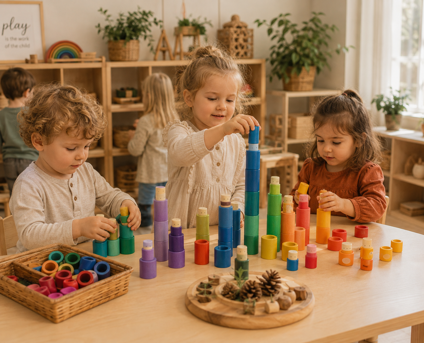 Rainbow Stacking Cylinders – 72pc Wooden Loose Parts Set