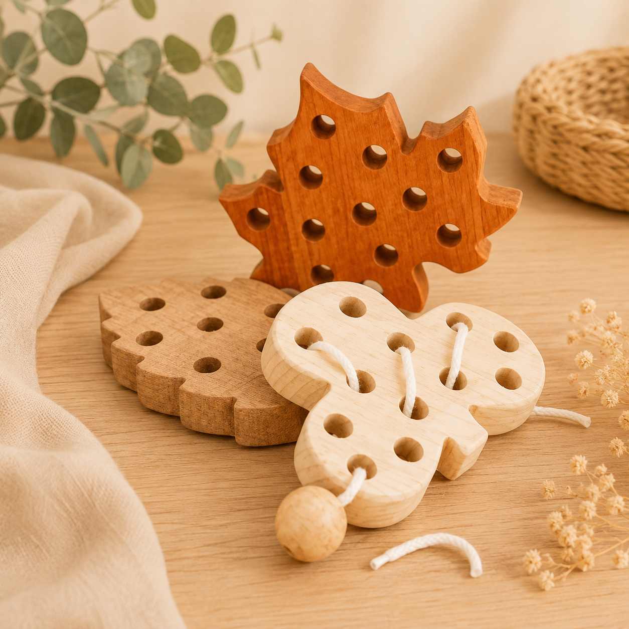 Wooden Montessori Lacing Leaves Set