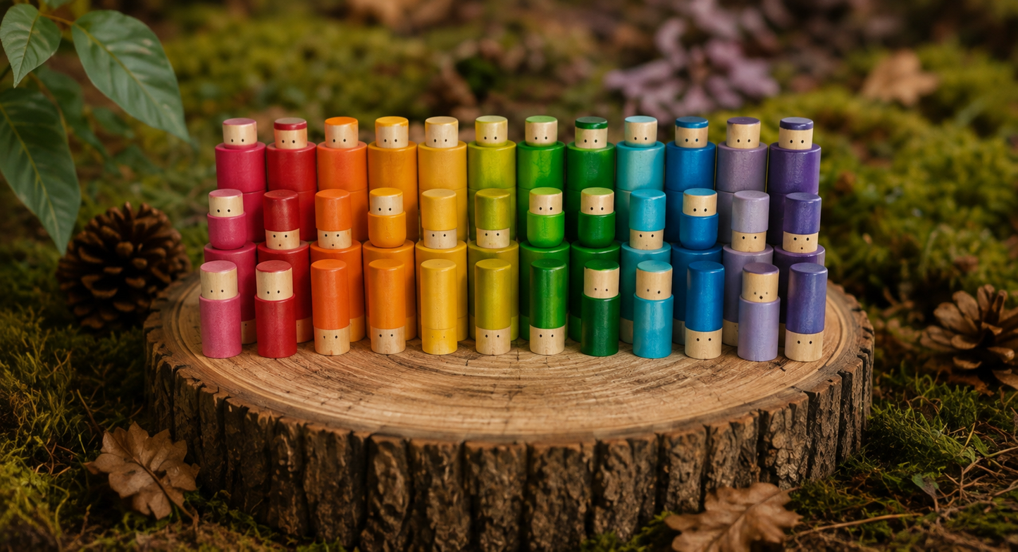 Rainbow Stacking Cylinders – 72pc Wooden Loose Parts Set