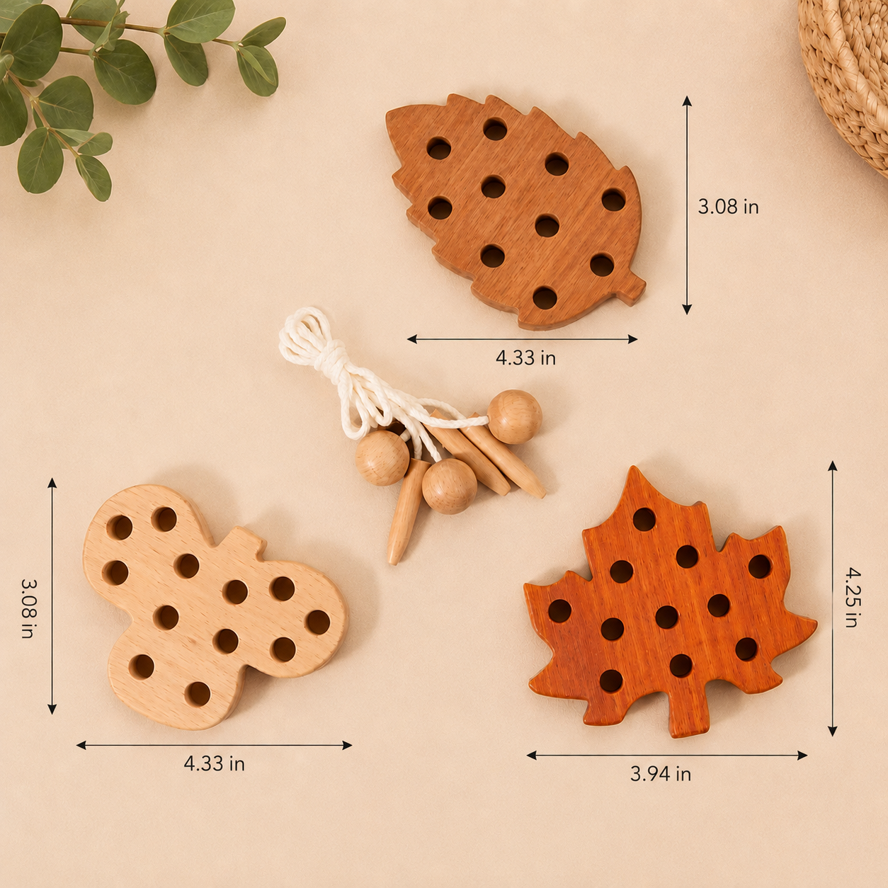 Wooden Montessori Lacing Leaves Set