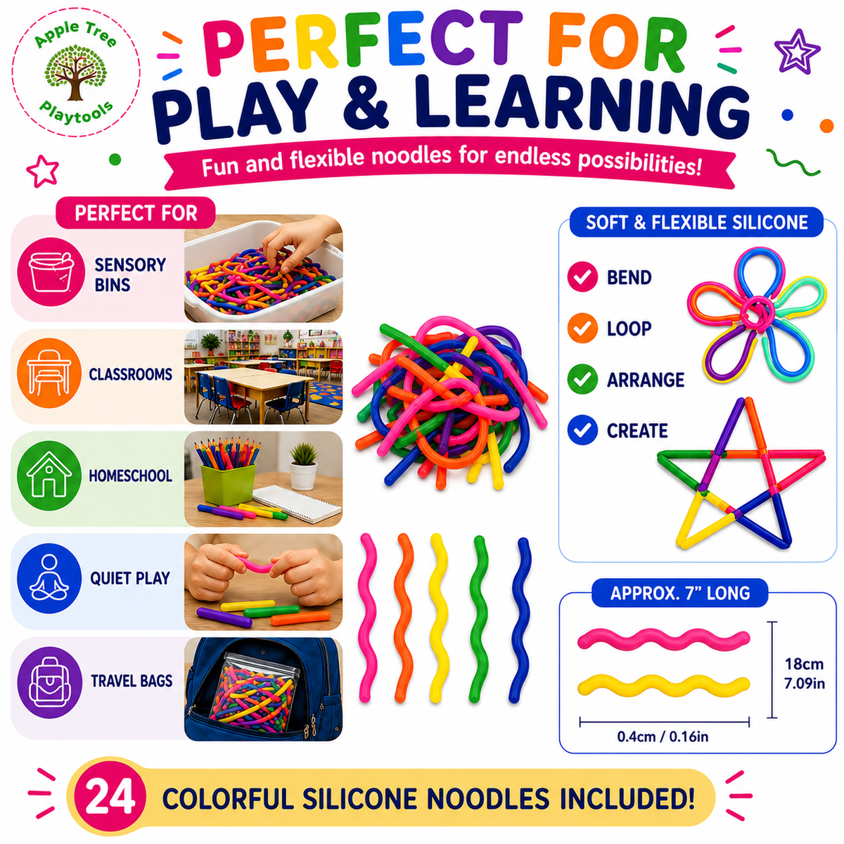 🌈 Rainbow Sensory Noodles - 24 Piece Set with Storage Jar