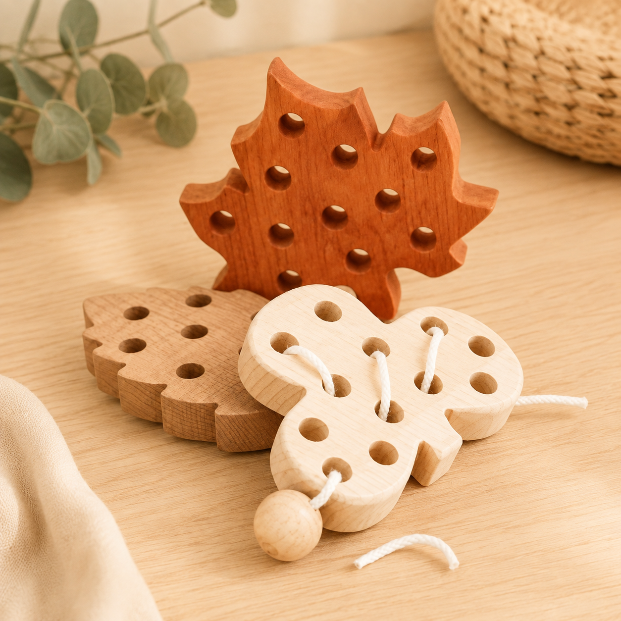 Wooden Montessori Lacing Leaves Set