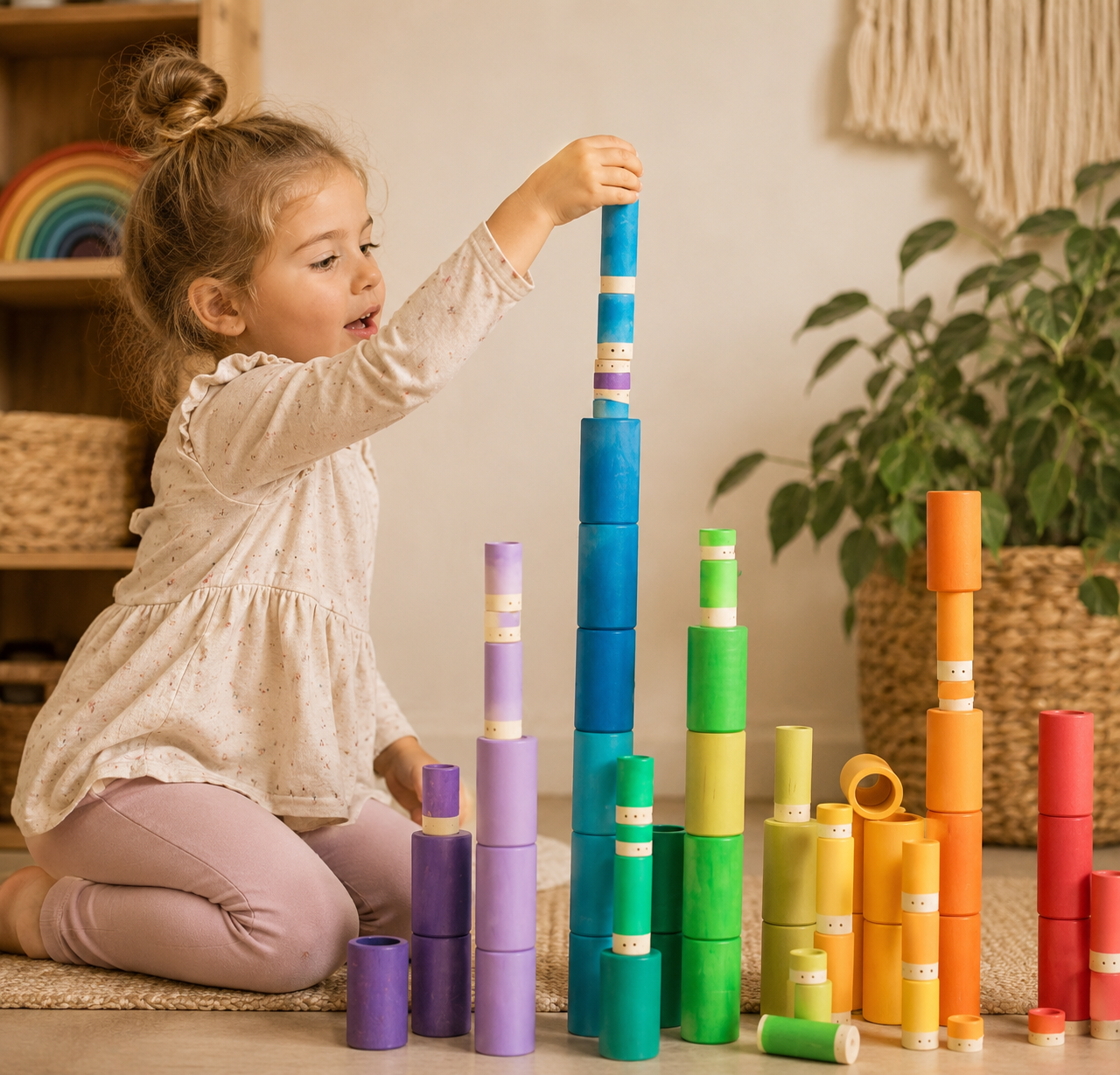 Rainbow Stacking Cylinders – 72pc Wooden Loose Parts Set