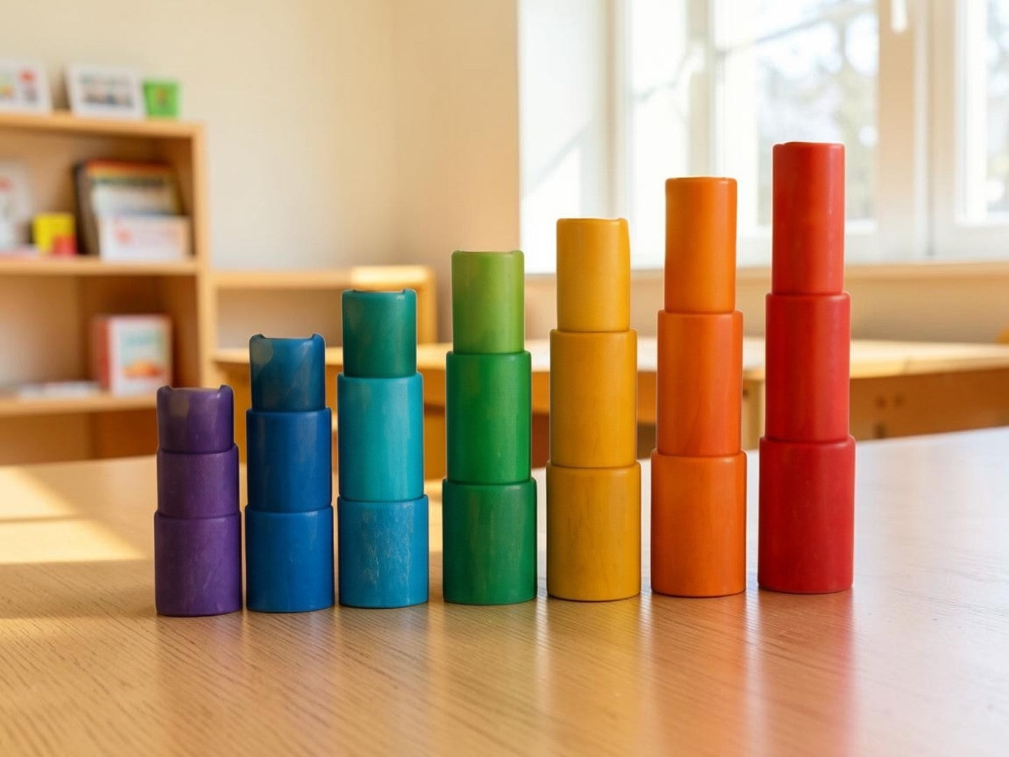 Rainbow Stacking Cylinders – 72pc Wooden Loose Parts Set