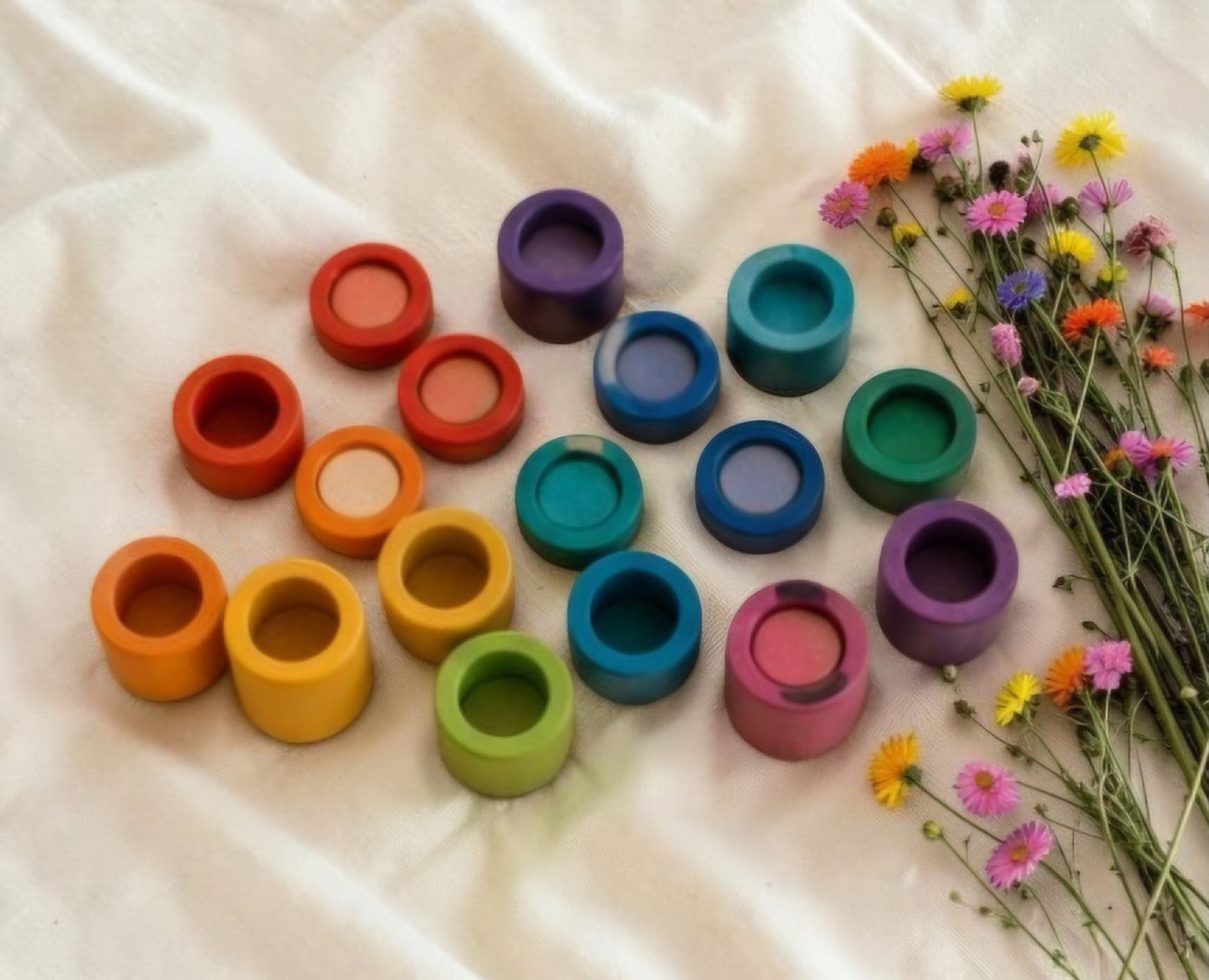 Rainbow Stacking Cylinders – 72pc Wooden Loose Parts Set
