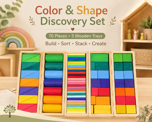 Color & Shape Discovery Set – 70 Pieces • 5 Wooden Trays