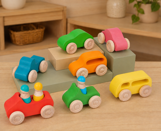 Rainbow Wooden Vehicle & Peg People Set – 10 Pieces
