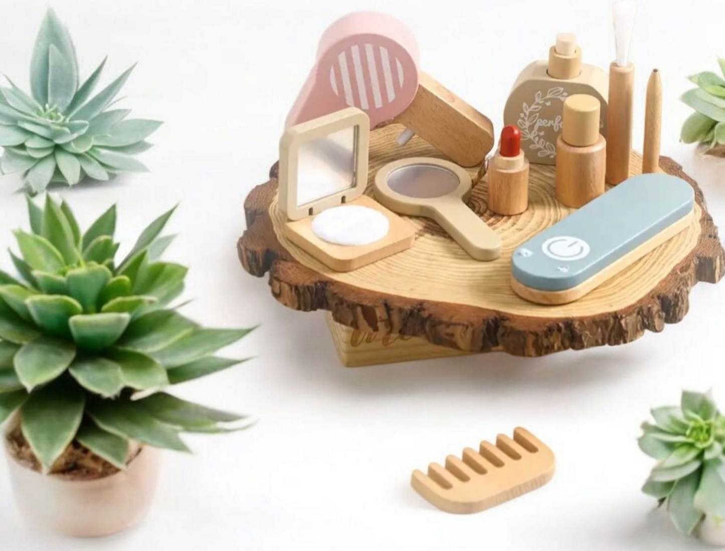 Natural Wooden Makeup Toy Set – 13-Piece Pretend Play Beauty Kit for Kids