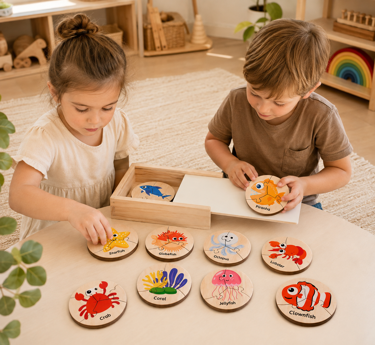Wooden Ocean Animal Puzzle Set – 12 Sea Life Matching Puzzles