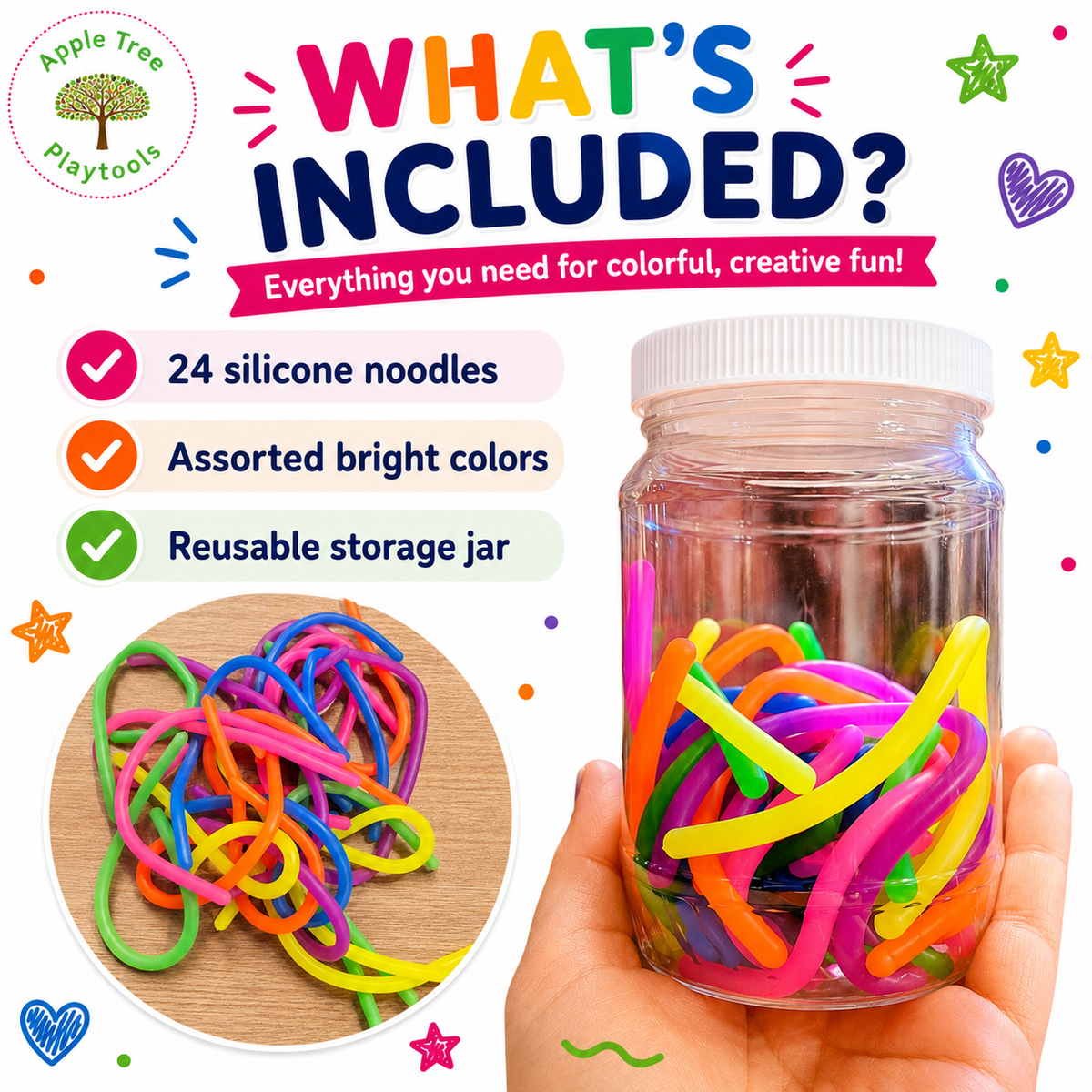 🌈 Rainbow Sensory Noodles - 24 Piece Set with Storage Jar