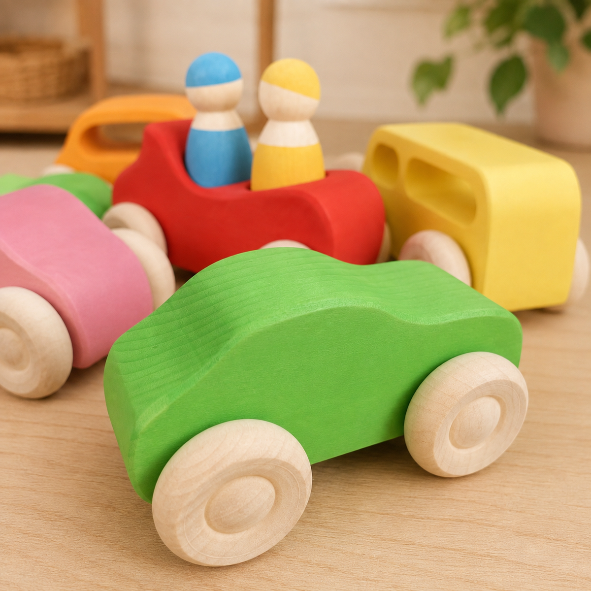 Rainbow Wooden Vehicle & Peg People Set – 10 Pieces
