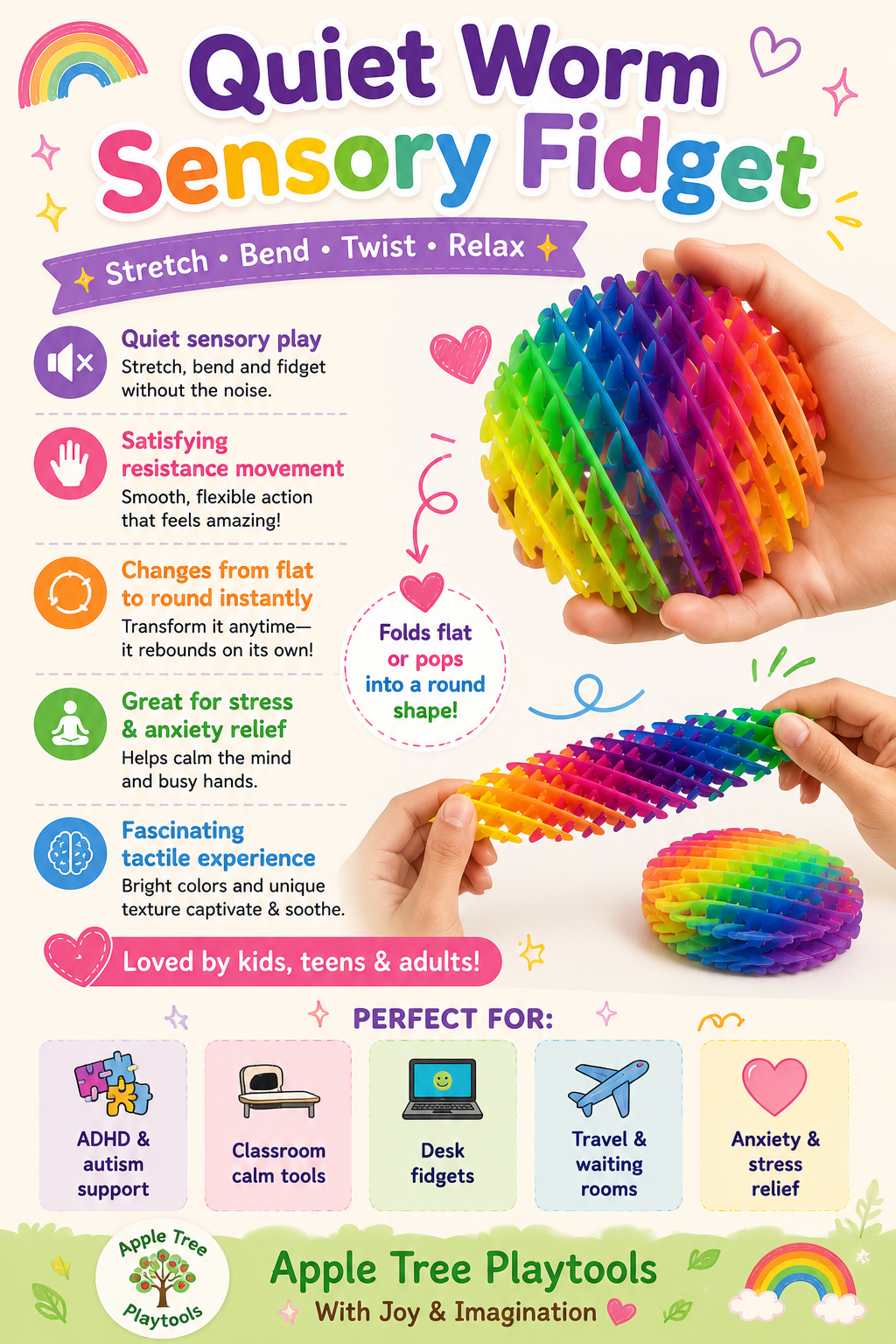 Quiet Worm Sensory Fidget 🌈
Stretch it, bend it, twist it, and watch it transform!