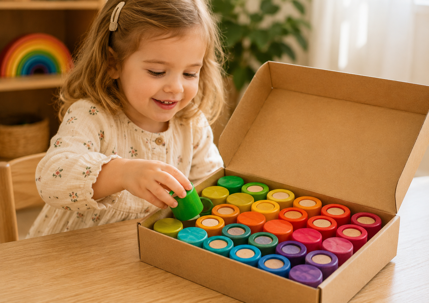 Rainbow Stacking Cylinders – 72pc Wooden Loose Parts Set