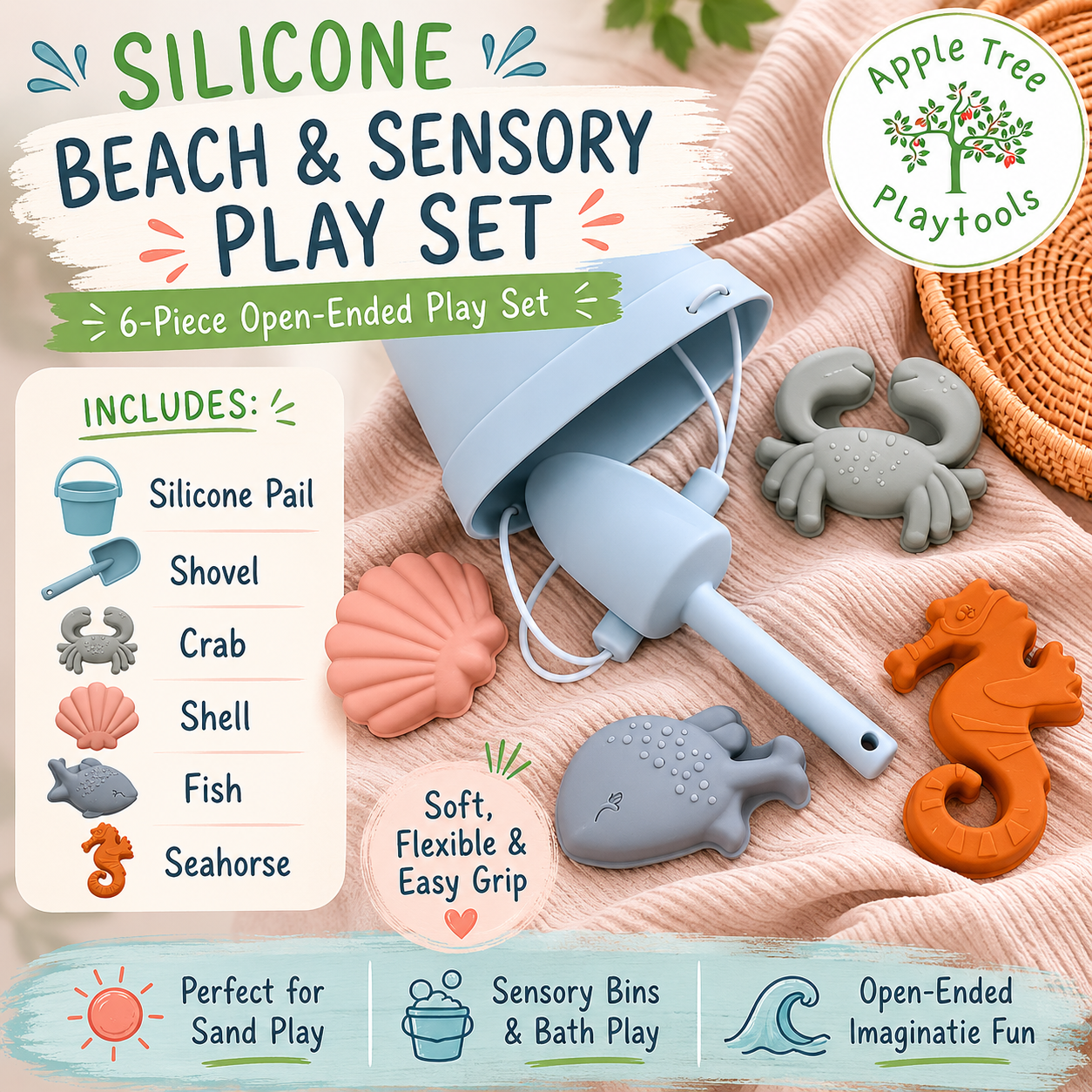 🌊 SILICONE BEACH & SENSORY PLAY SET 🌊

Soft, flexible & perfect for little hands ✨