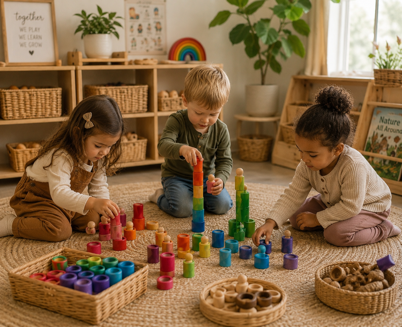 Rainbow Stacking Cylinders – 72pc Wooden Loose Parts Set