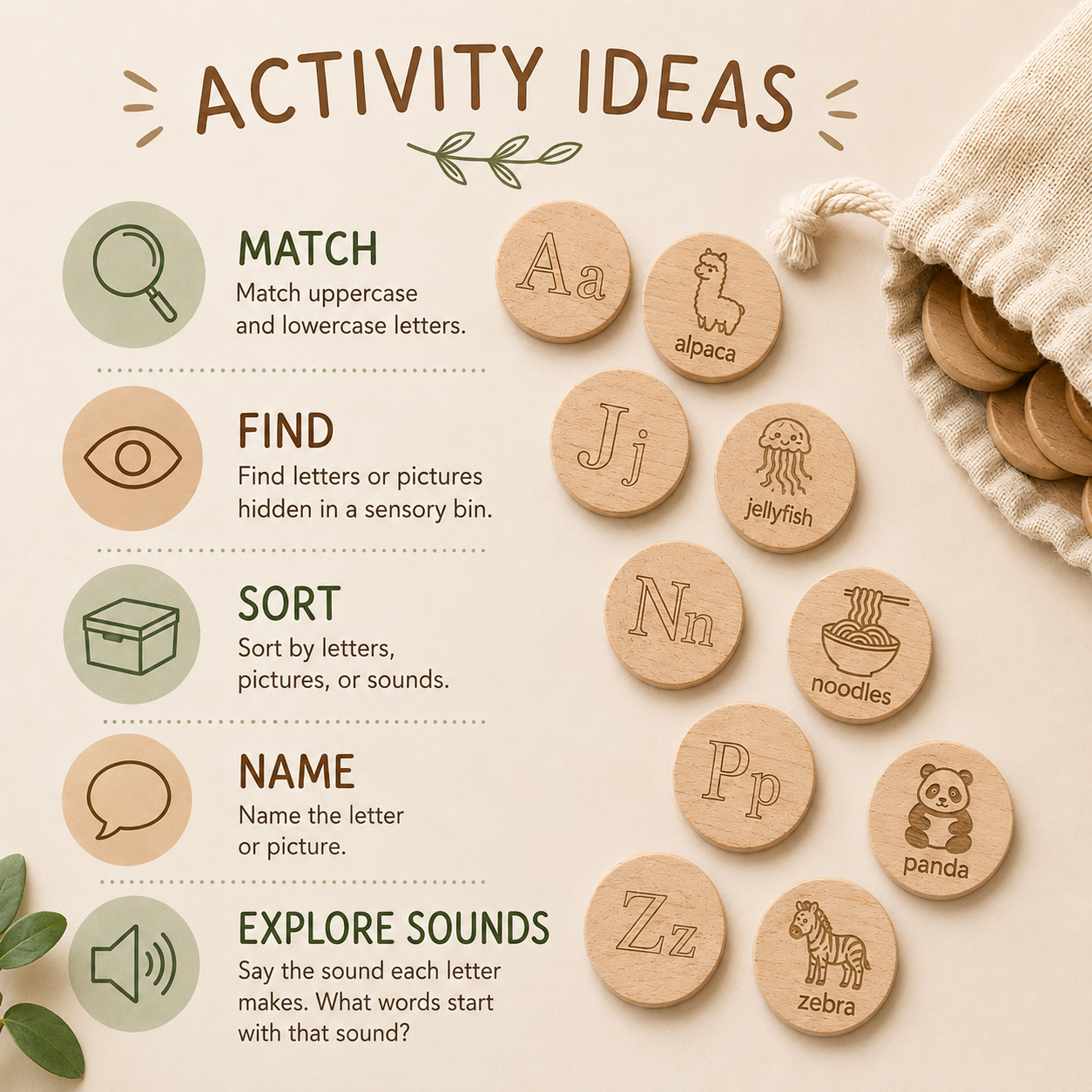 Wooden Alphabet & Picture Learning Coins — 26 Piece Set