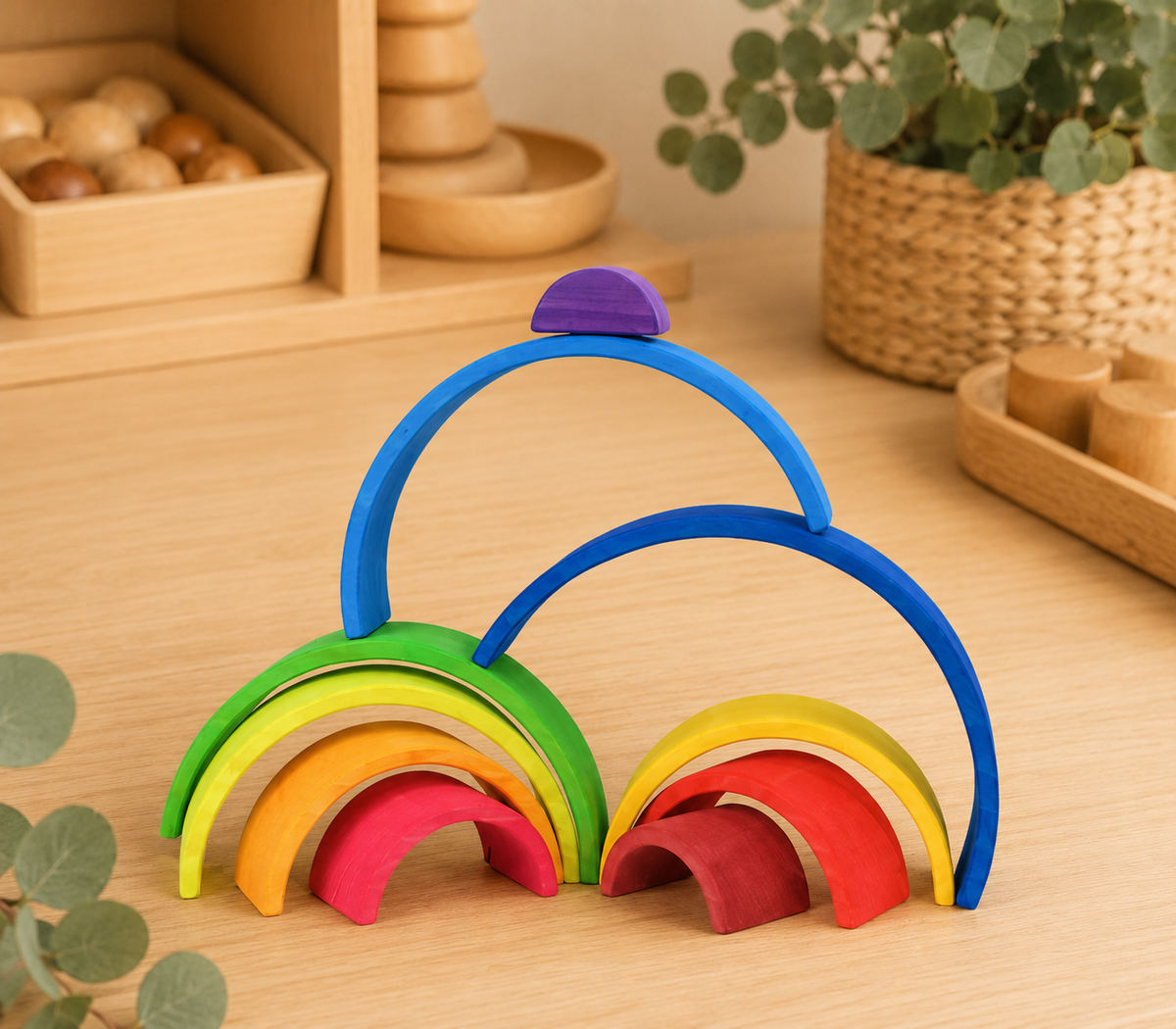 Large Wooden Rainbow Tunnel - 10-Piece Open-Ended Stacking Toy