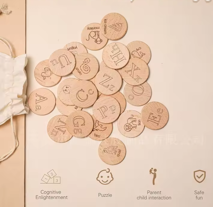 Wooden Alphabet Coins – Upper & Lowercase Letter Set (1.45")