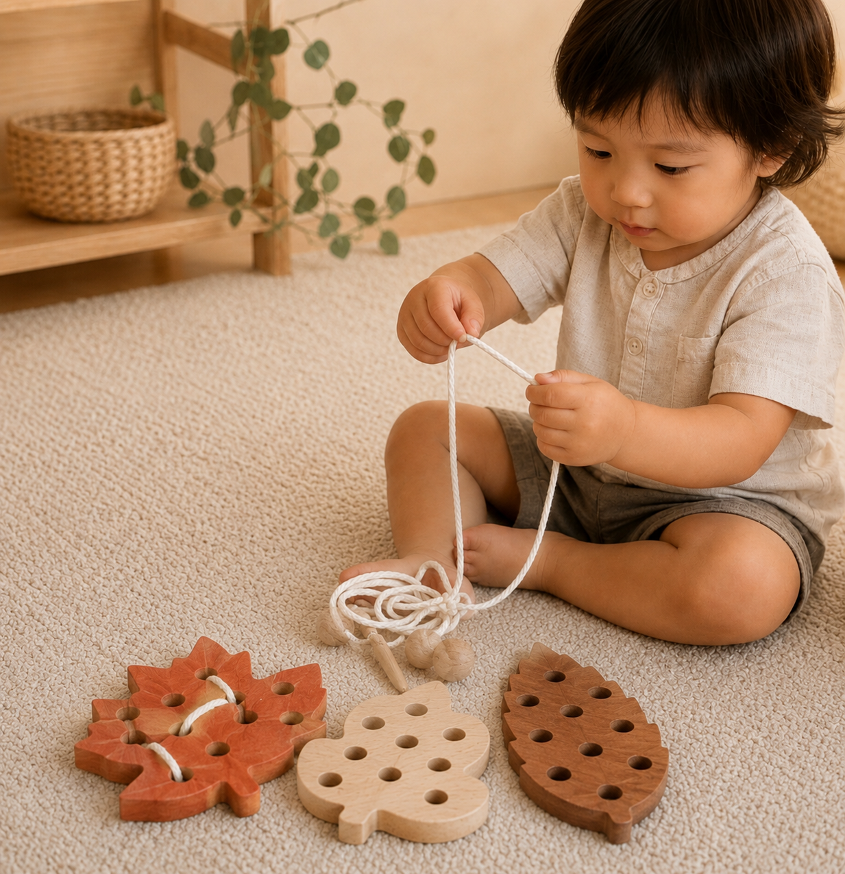 Wooden Montessori Lacing Leaves Set