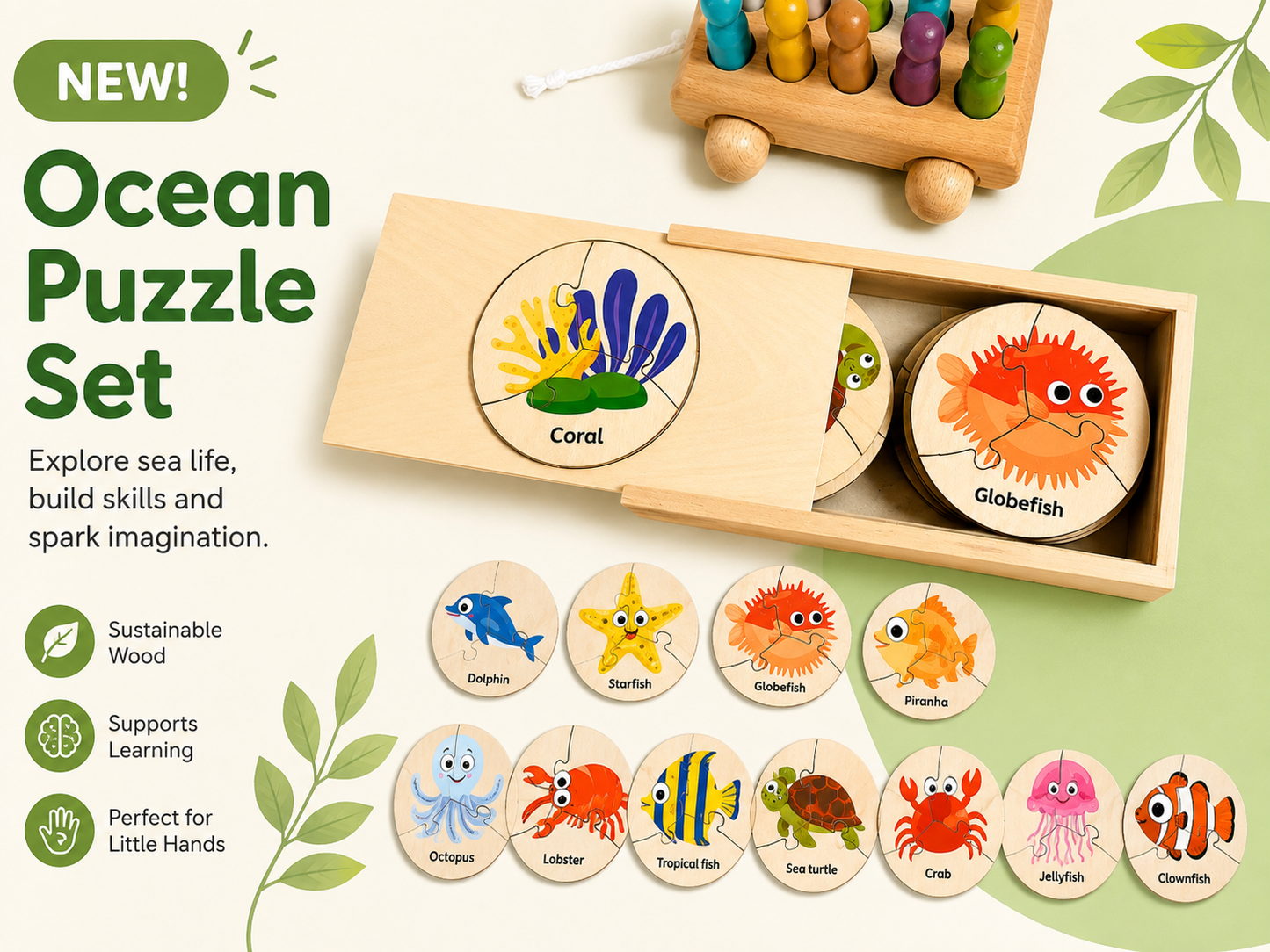 Wooden Ocean Animal Puzzle Set – 12 Sea Life Matching Puzzles