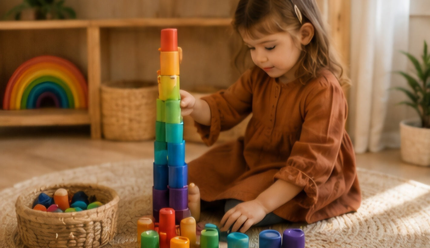 Rainbow Stacking Cylinders – 72pc Wooden Loose Parts Set