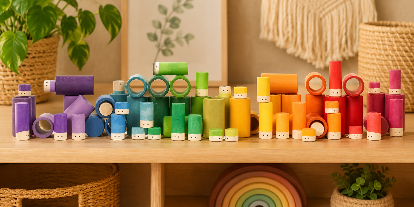 Rainbow Stacking Cylinders – 72pc Wooden Loose Parts Set