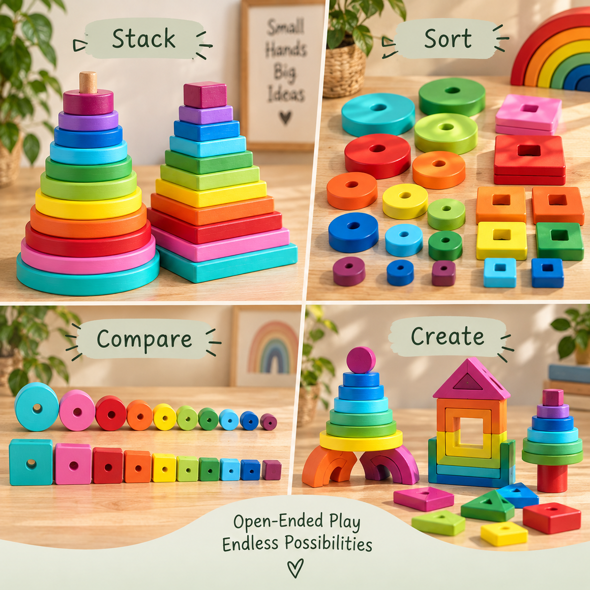Rainbow Wooden Stacking Tower – Circle or Square