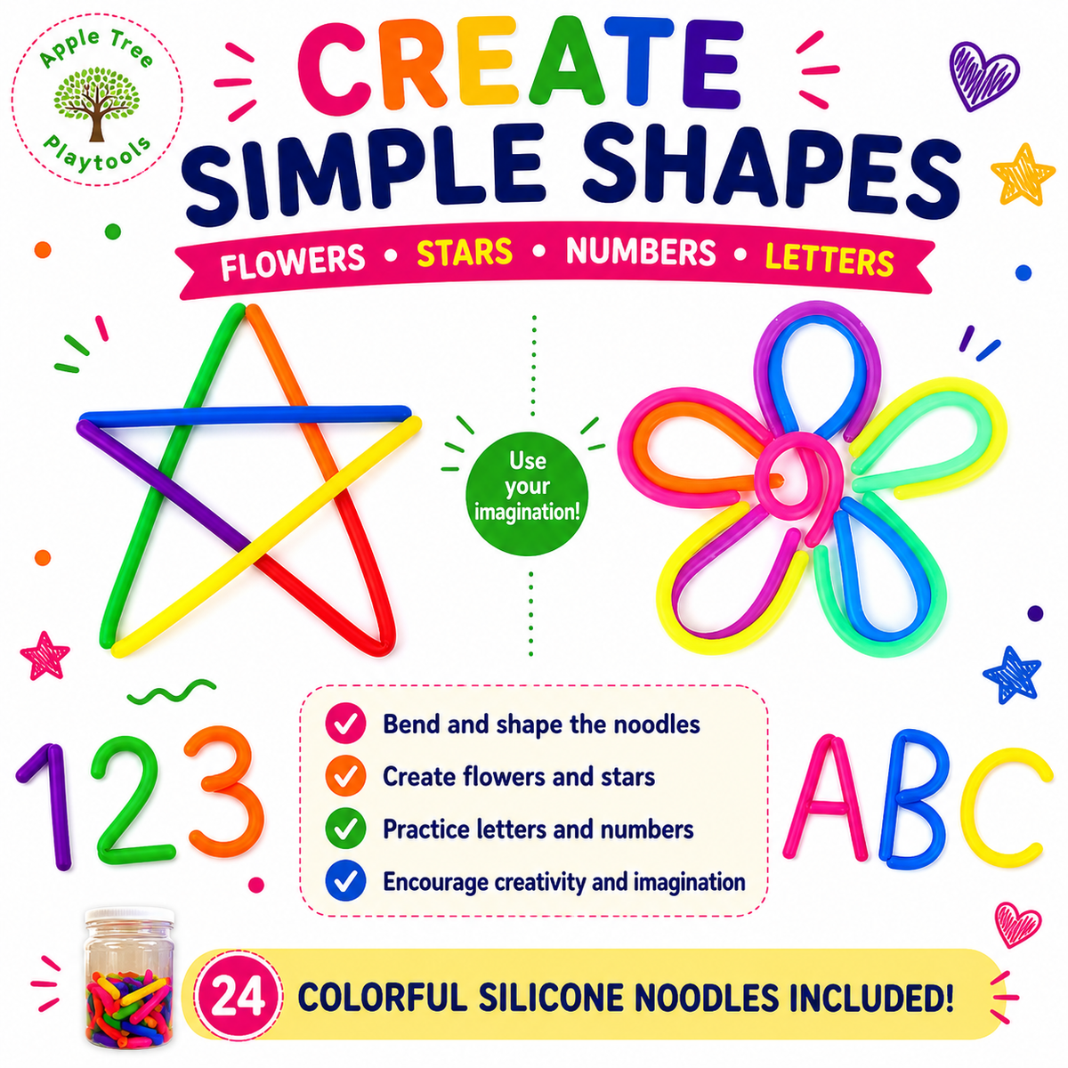 🌈 Rainbow Sensory Noodles - 24 Piece Set with Storage Jar