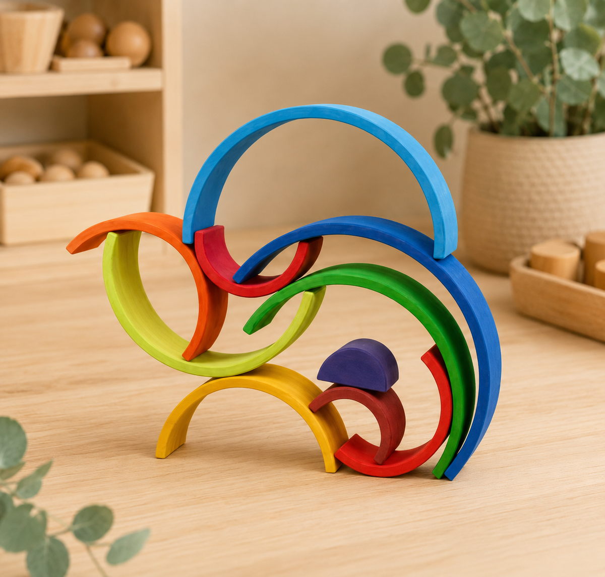 Large Wooden Rainbow Tunnel - 10-Piece Open-Ended Stacking Toy