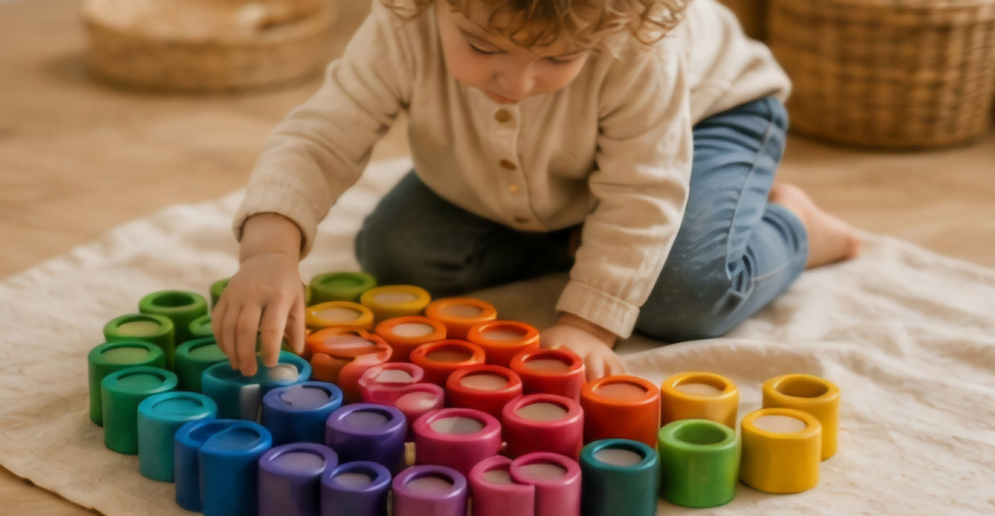 Rainbow Stacking Cylinders – 72pc Wooden Loose Parts Set