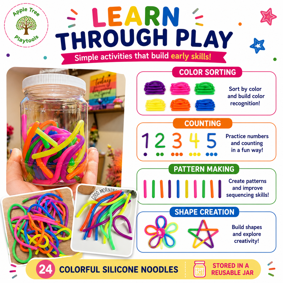 🌈 Rainbow Sensory Noodles - 24 Piece Set with Storage Jar