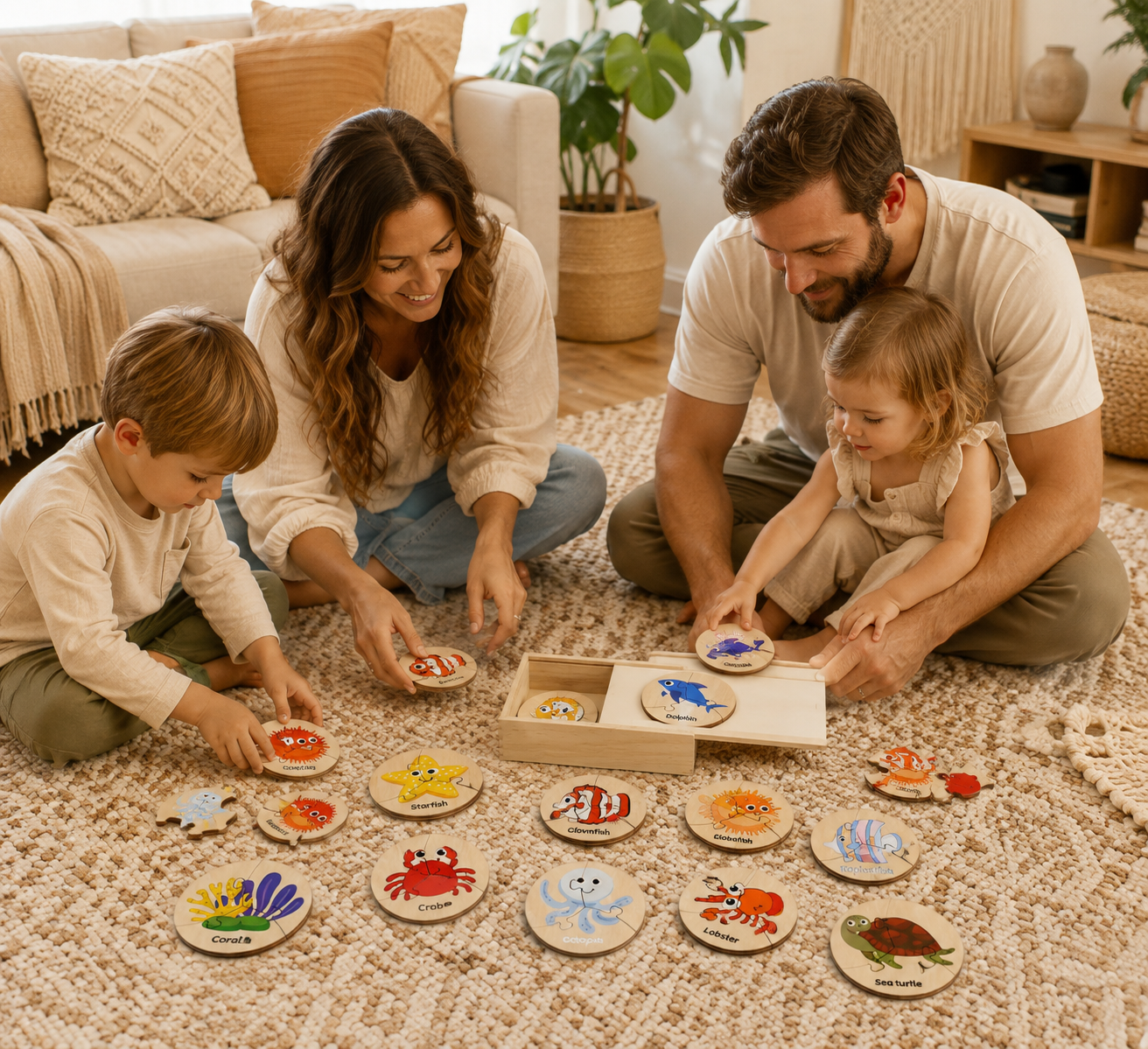 Wooden Ocean Animal Puzzle Set – 12 Sea Life Matching Puzzles