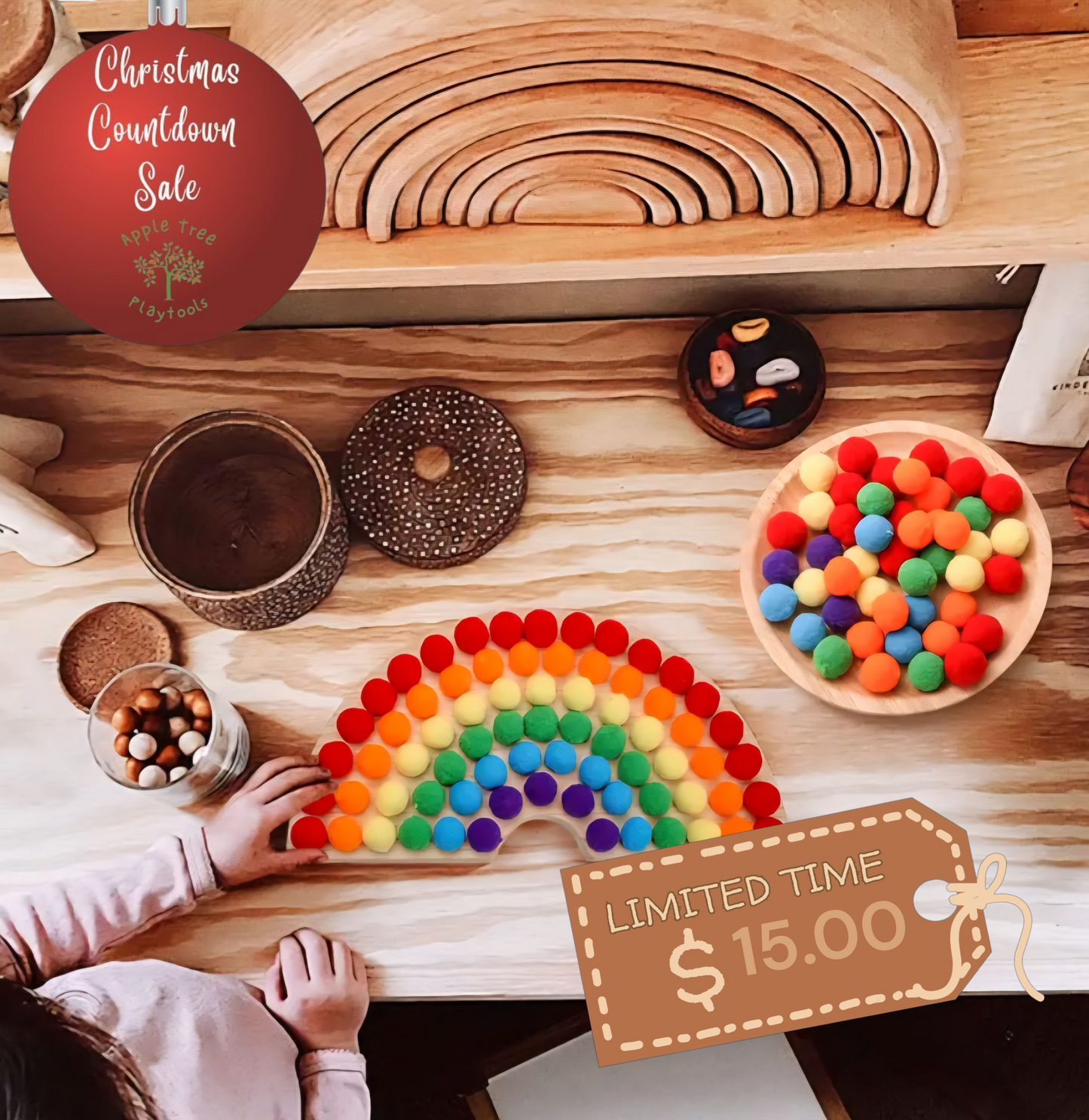 Christmas Countdown Sale Price 🌈 Wooden Peg Board Pom Pom Game – Montessori Color Sorting & Counting Toy