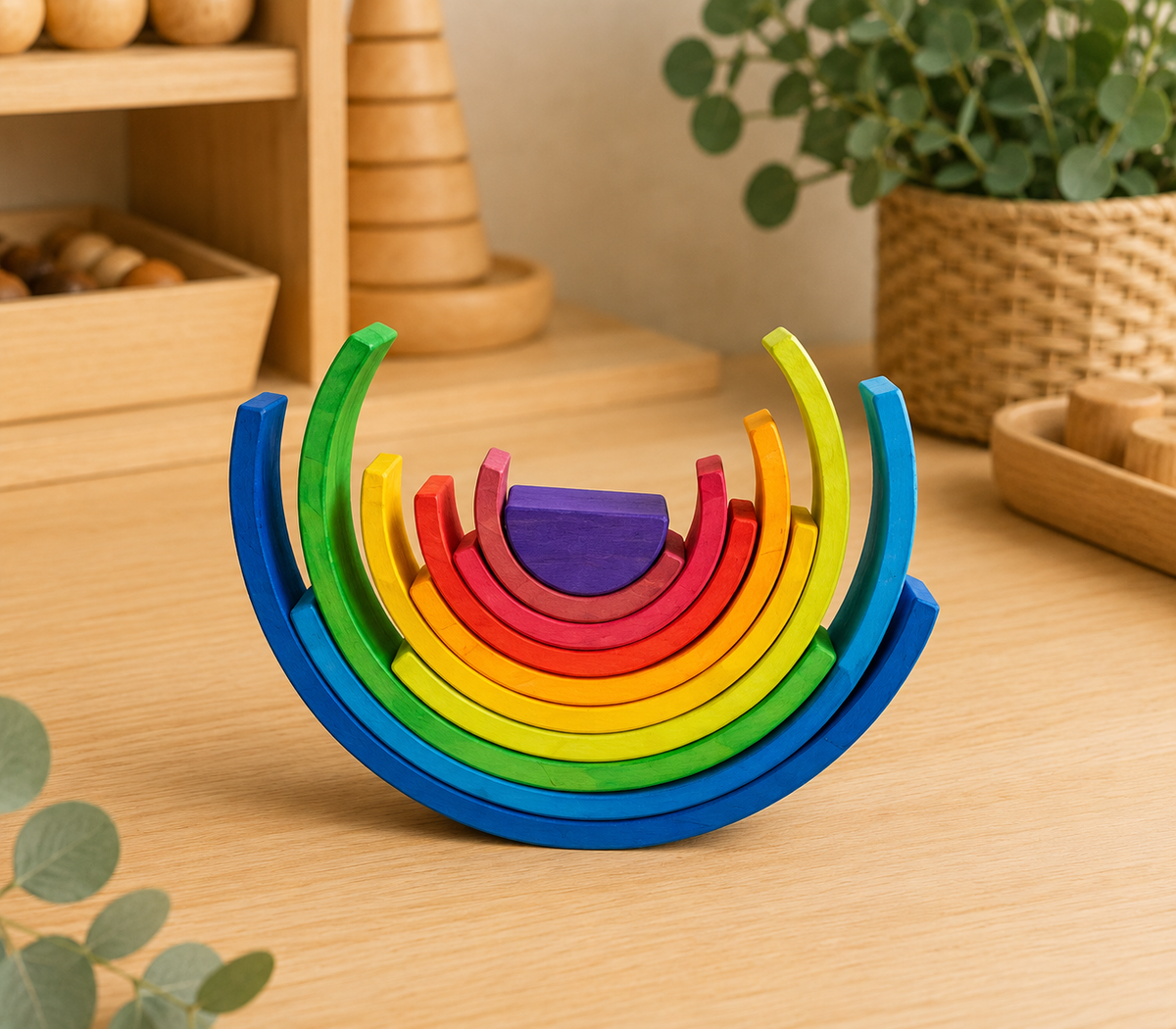Large Wooden Rainbow Tunnel - 10-Piece Open-Ended Stacking Toy