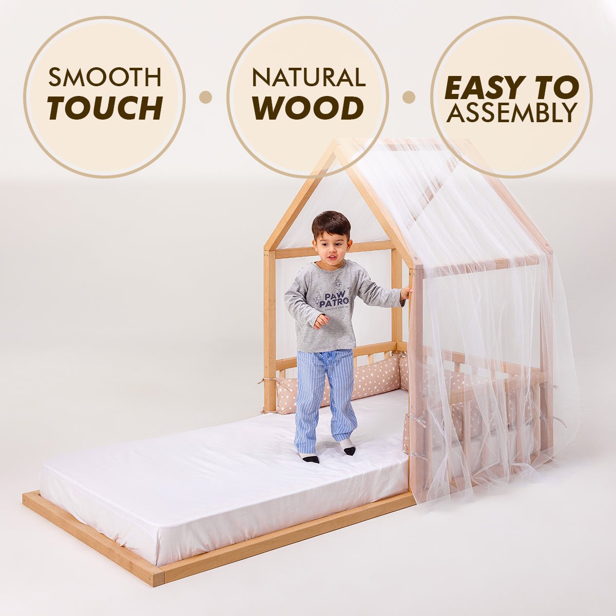 Wooden Montessori House Floor Bed with Fence and Roof for Kids (190x90 cm)