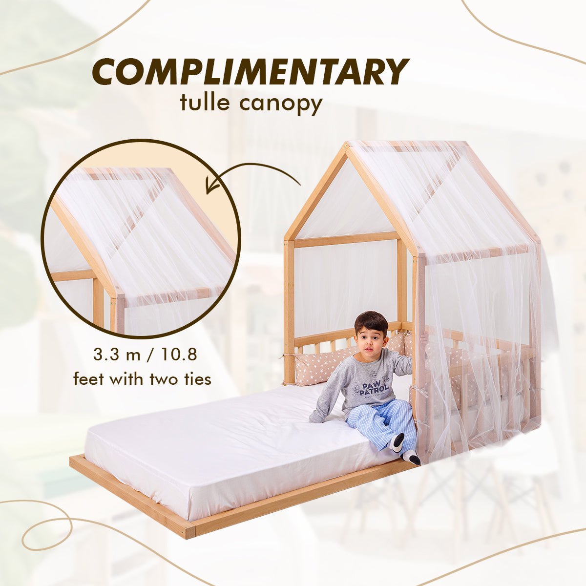 Wooden Montessori House Floor Bed with Fence and Roof for Kids (190x90 cm)