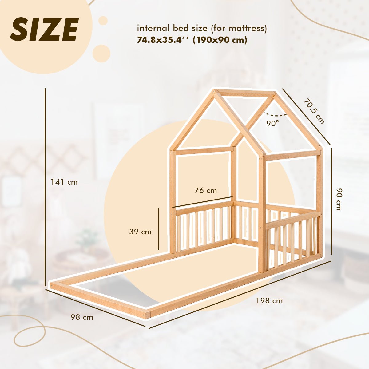 Wooden Montessori House Floor Bed with Fence and Roof for Kids (190x90 cm)